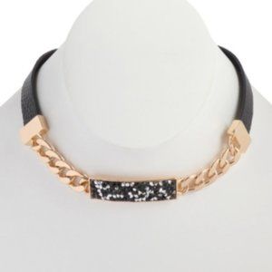 Black Rhinestone with Gold Chain & Leather Choker